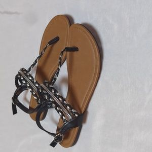 American Eagle Black and Silver Braided Metallic T-Strap Sandals